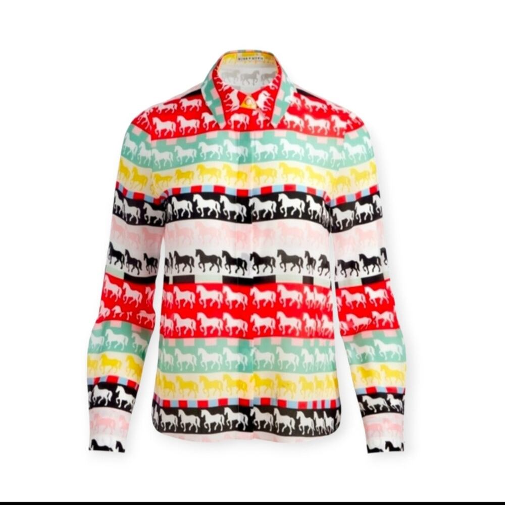 Alice + Olivia Willa Placket Horse Stallion Silk Blouse Size Small - Picture 3 of 9